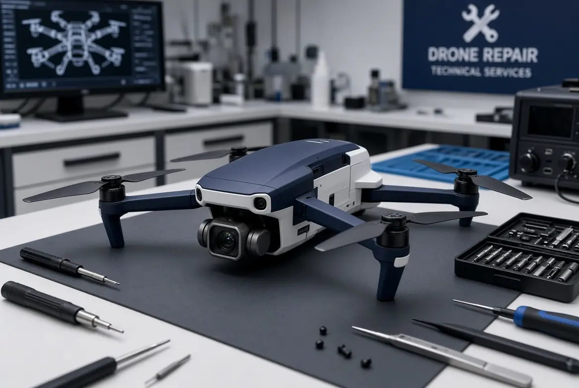Drone repair workbench with tools and aircraft