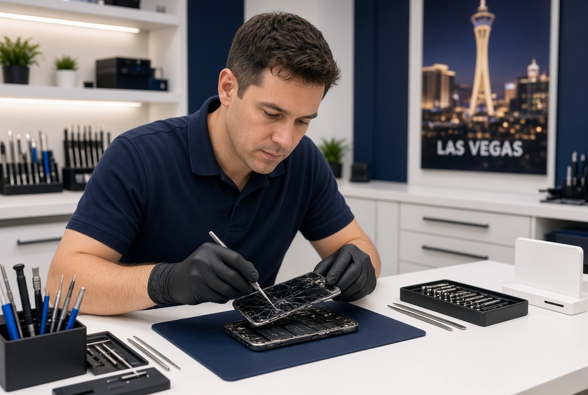 Technician replacing a cracked phone screen in a North Las Vegas shop