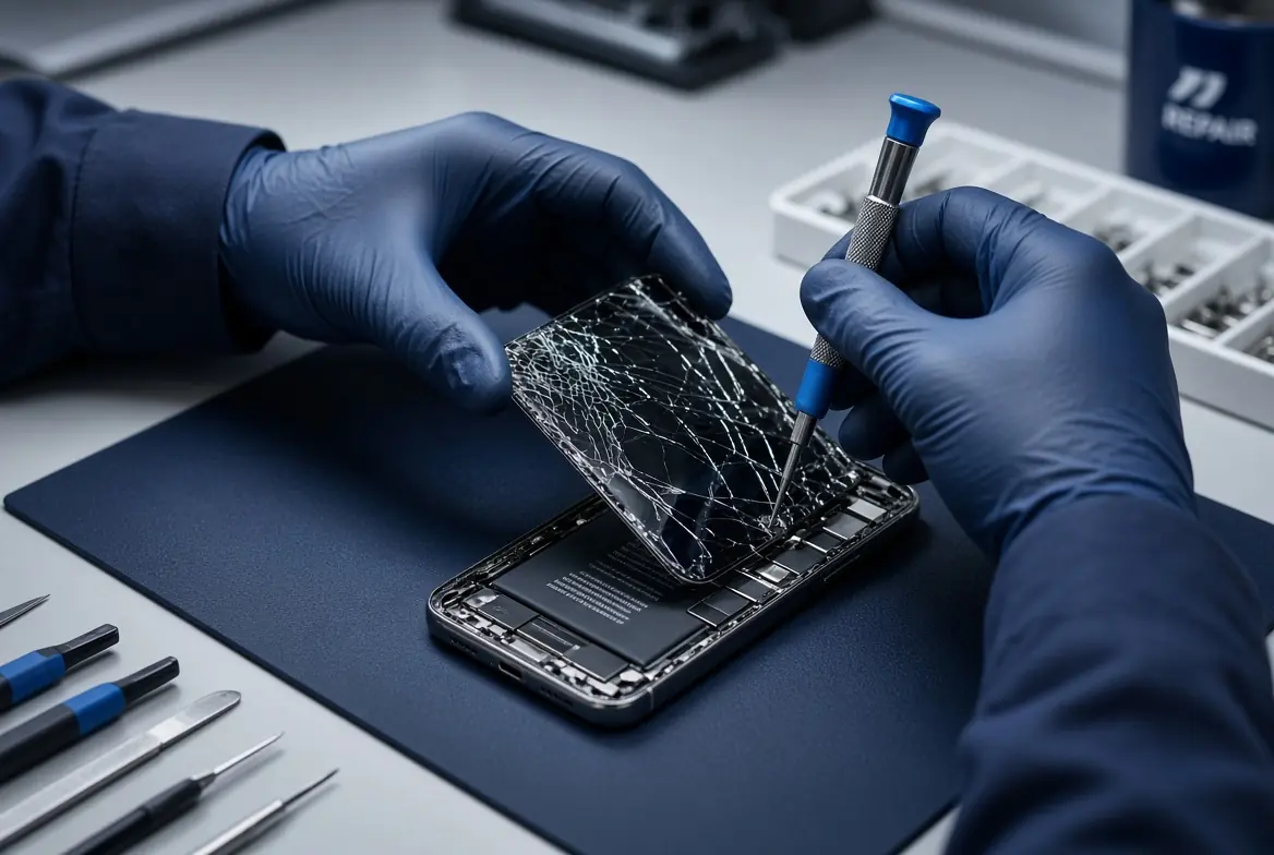 Technician performing screen replacement in North Las Vegas shop