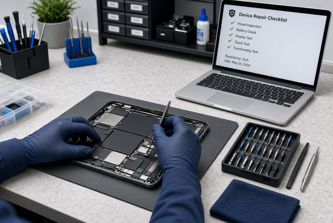 iPad internals and laptop on a repair bench